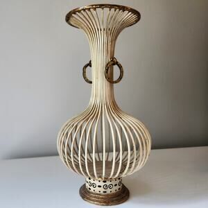 Decorative Distressed Ivory & Brass Metal Open Cage Vase with Vintage Aesthetic